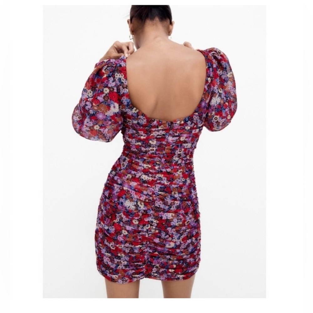 NWT Zara short sleeve puff ruched floral dress small - Picture 6 of 8